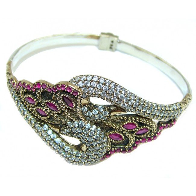 Victorian Style Pink Ruby & White Topaz Sterling Silver Bracelet / Cuff