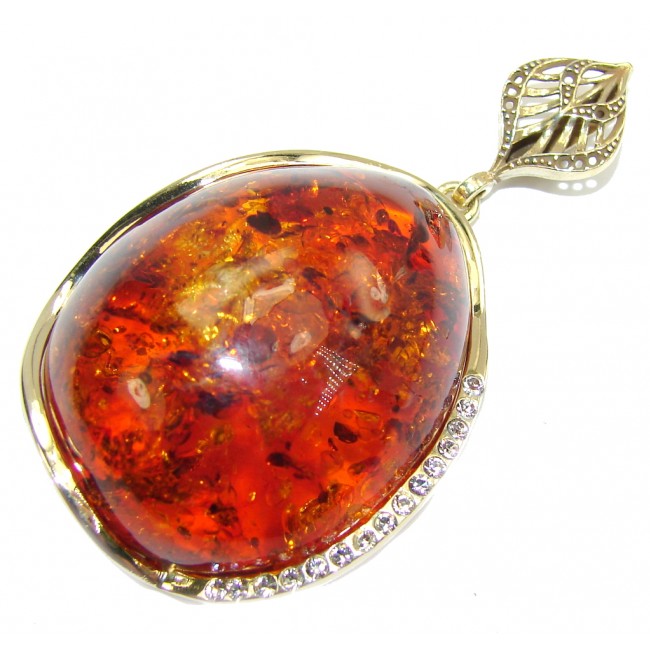 Big! Gorgeous Design AAA Baltic Polish Amber & White Topaz, Gold Plated Sterling Silver Pendant