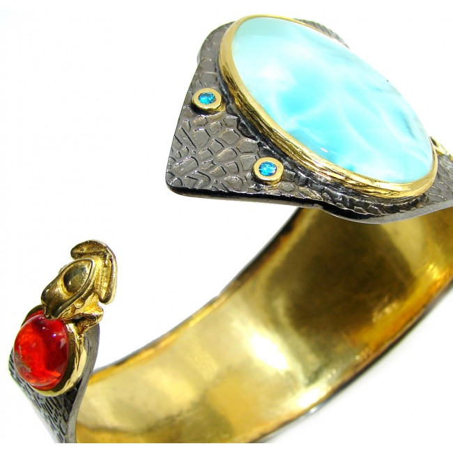 Royal Design Blue Larimar Fire Opal Sterling Silver Bracelet / Cuff