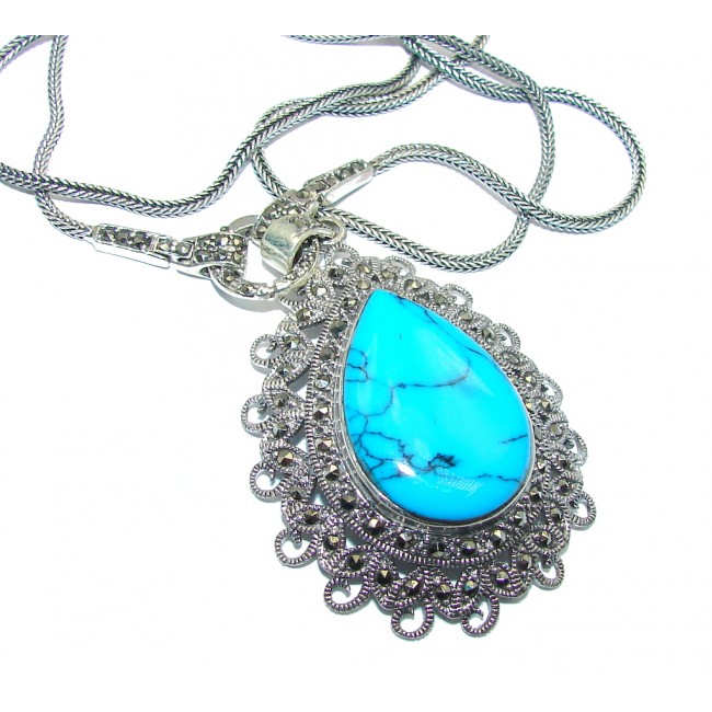 Gorgeous 24 inches long Stabilized Blue Turquoise Sterling Silver necklace