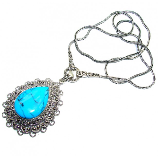 Gorgeous 24 inches long Stabilized Blue Turquoise Sterling Silver necklace