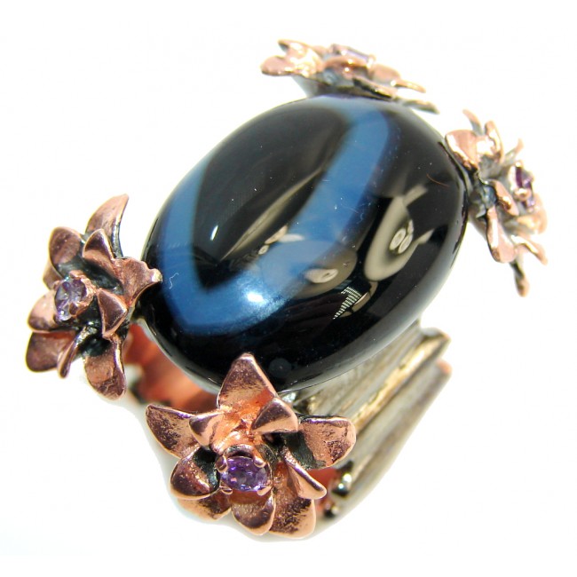 Large! Fabulous Blacjk Agate, Rose Gold Plated, Rhodium Plated Sterling Silver Ring s. 7 1/2