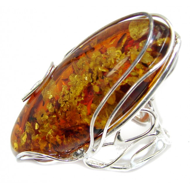 Large! Very Elegant AAA Brown Polish Amber Sterling Silver Ring s. 8 - adjustable