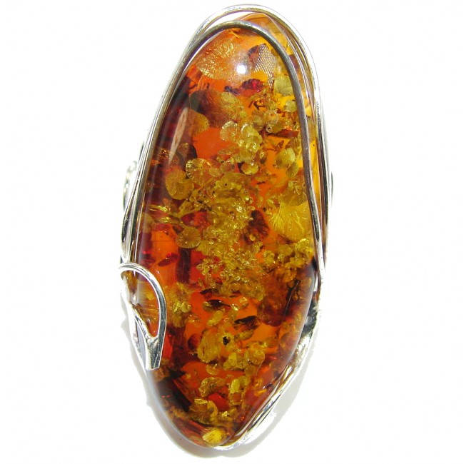 Large! Very Elegant AAA Brown Polish Amber Sterling Silver Ring s. 8 - adjustable