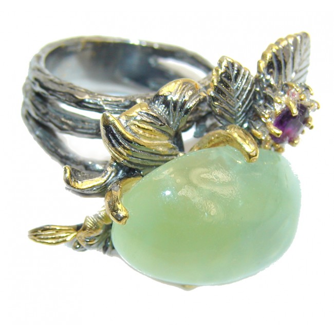 Genuine AAA Green Moss Prehnite, Gold Plated, Rhodium Plated Sterling Silver ring; s. 7 1/4