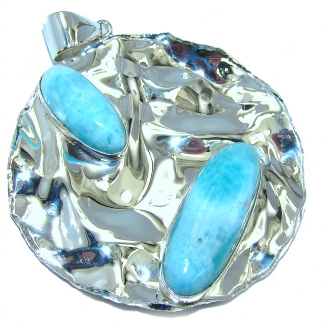 Natural AAA Blue Larimar Hammered Sterling Silver Pendant