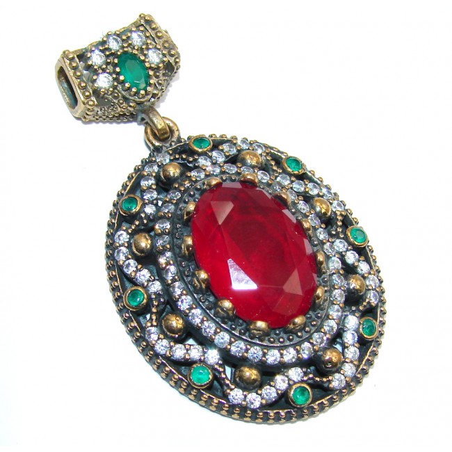 Victorian Style Created Ruby & Emerald & White Topaz Sterling Silver Pendant