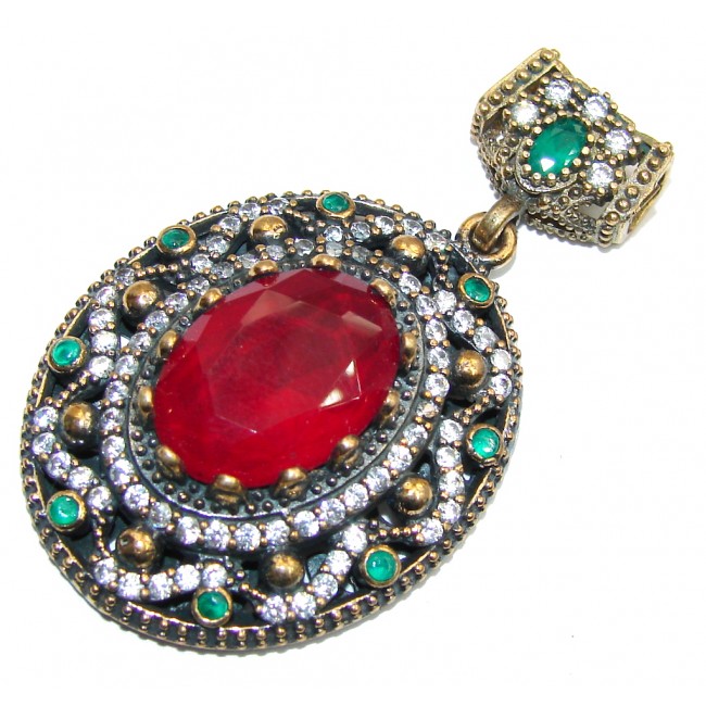 Victorian Style Created Ruby & Emerald & White Topaz Sterling Silver Pendant