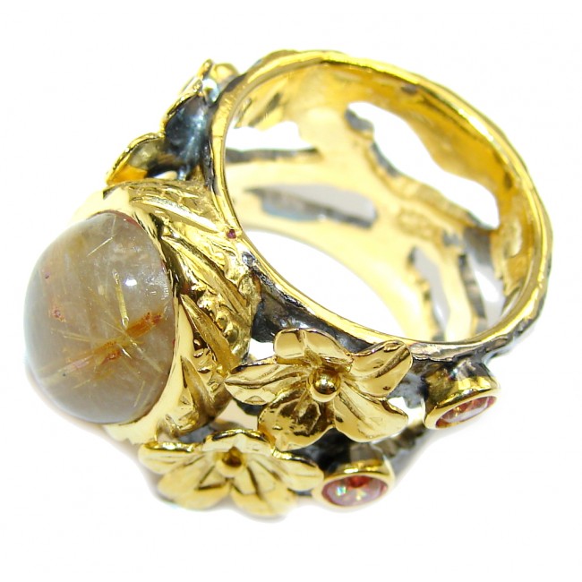 Floral Design AAA Golden Rutilated Quartz, Gold Plated, Rhodium Plated Sterling Silver Ring s. 6