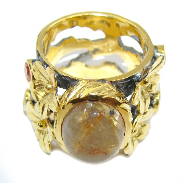 Floral Design AAA Golden Rutilated Quartz, Gold Plated, Rhodium Plated Sterling Silver Ring s. 6
