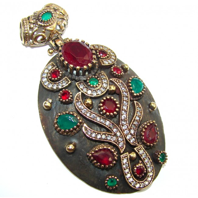 Big! Victorian Style Red Ruby & Emerald & White Topaz Sterling Silver Pendant
