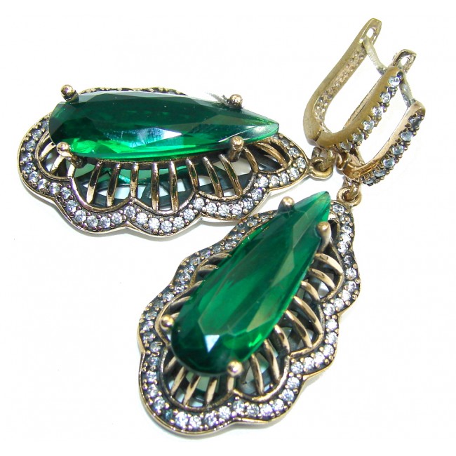 Big! Victorian Style Created Emerald & White Topaz Sterling Silver earrings