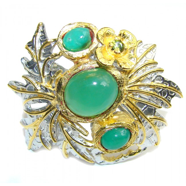 Big! Gorgeous AAA Green Chrysophrase, Two Tones Sterling Silver Ring s. 6