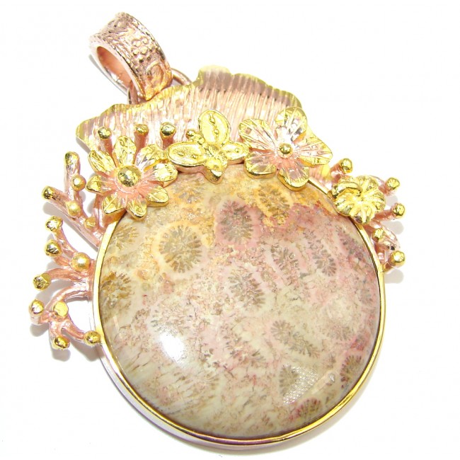 Stunning Brown Fossilized Coral, Rose Gold Plated Sterling Silver pendant
