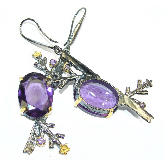 Stunning Created Purple Amethyst, Gold Rhodium Plated Sterling Silver earrings / Long