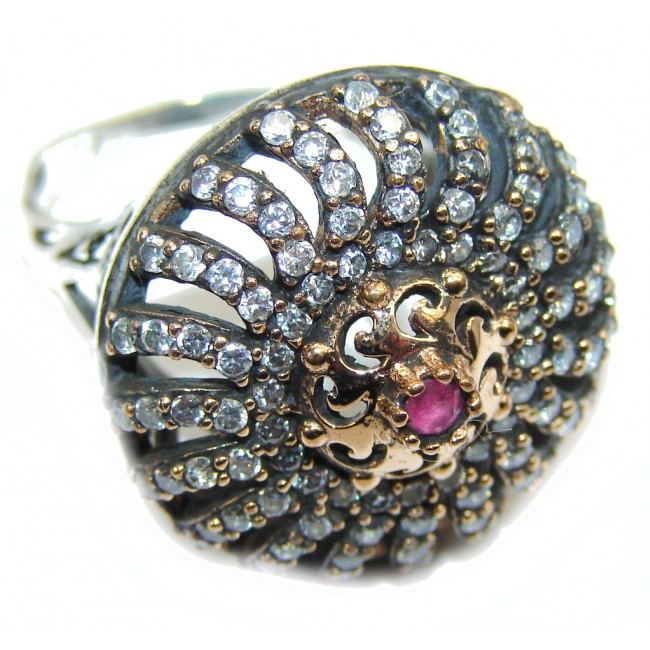 Victorian Style Pink Ruby & White Topaz Sterling Silver ring; s. 8 1/2