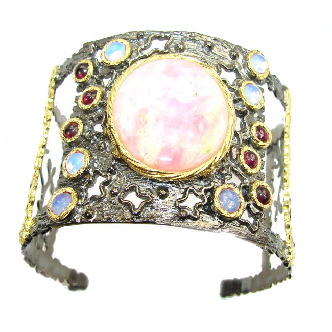 Spiritual Romance Of Pink Opal, Gold Plated, Rhodium Plated Sterling Silver Bracelet / Cuff