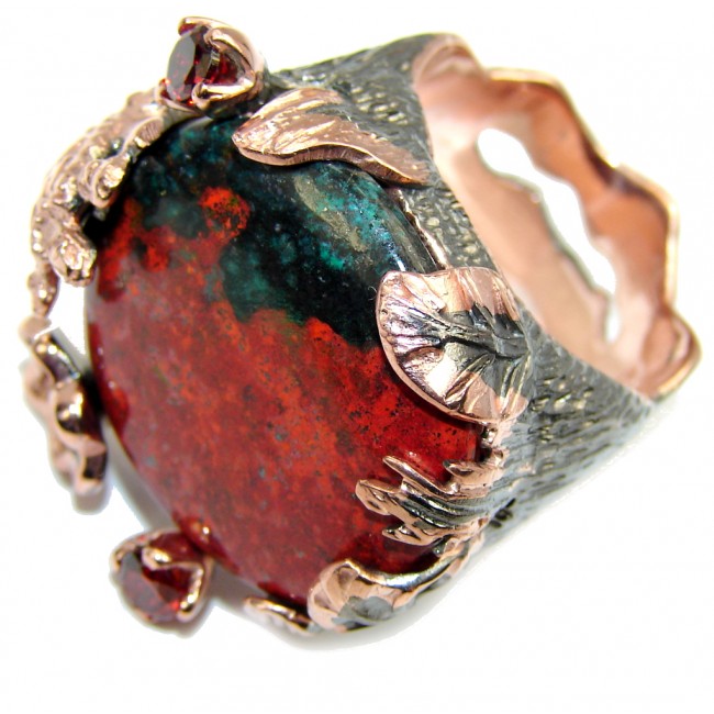 Gorgeous Red Sonora Jasper & Garnet, Rose Gold Plated, Rhodium Plated Sterling Silver Ring s. 10