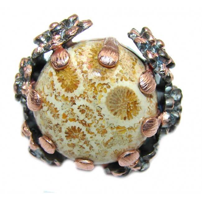 Amazing Brown Fossilized Coral, Rose & Rhodium Plated Sterling Silver ring s 6