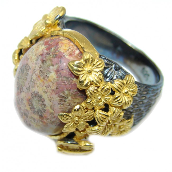 Amazing Brown Fossilized Coral, Gold & Rhodium Plated Sterling Silver ring s 8