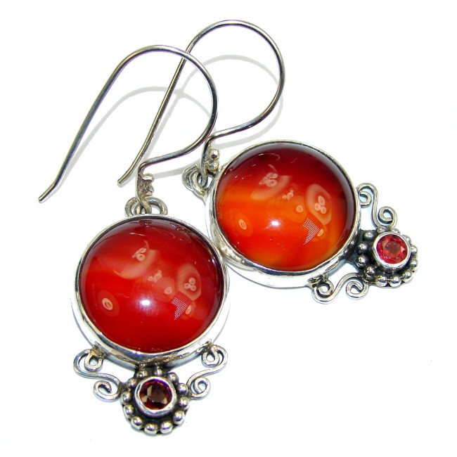 Excellent Orange Carnelian & Garnet Sterling Silver earrings