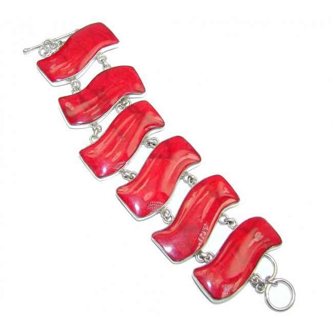 Handcrafted Red Fossilized Coral Sterling Silver Bracelet