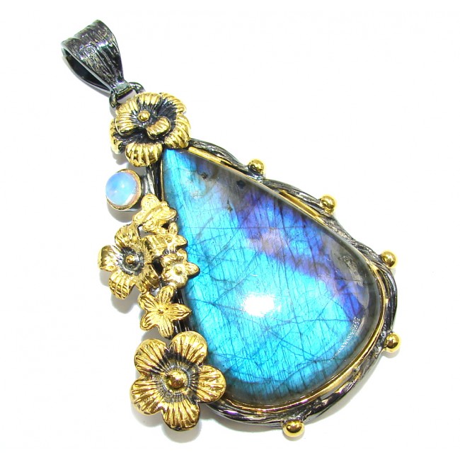 Shimmering AAA Fire Labradorite Gold plated Sterling Silver Pendant