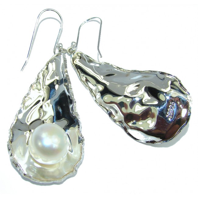 Big Delicate Fresh Water Pearl Hammered Sterling Silver earrings