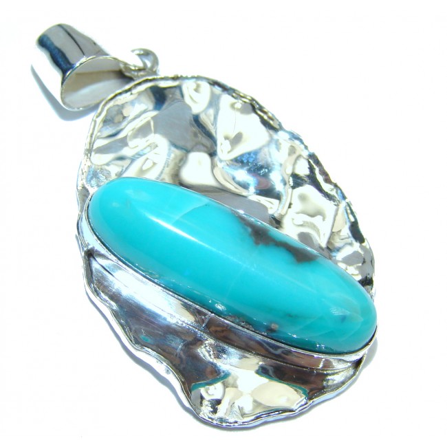 Authentic Blue Turquoise Hammered Sterling Silver Pendant