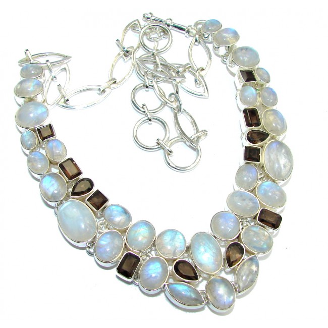 AAA quality White Fire Moonstone & Smoky Topaz Sterling Silver necklace
