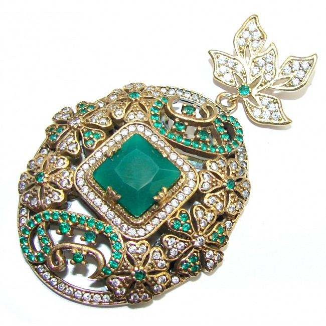 Big Victorian Style Emerald & White Topaz Sterling Silver Pendant