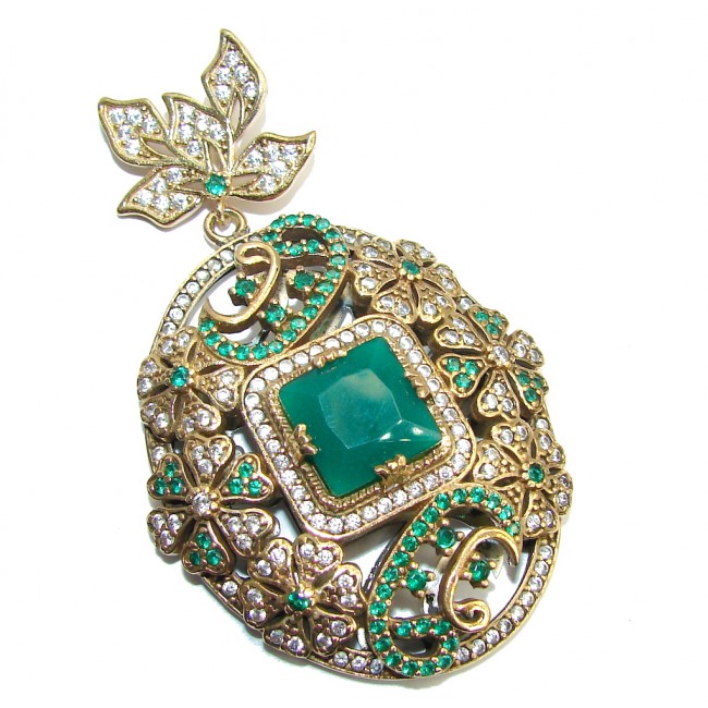 Big Victorian Style Emerald & White Topaz Sterling Silver Pendant