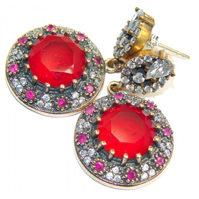 Victorian Style created Red Ruby & White Topaz Sterling Silver earrings
