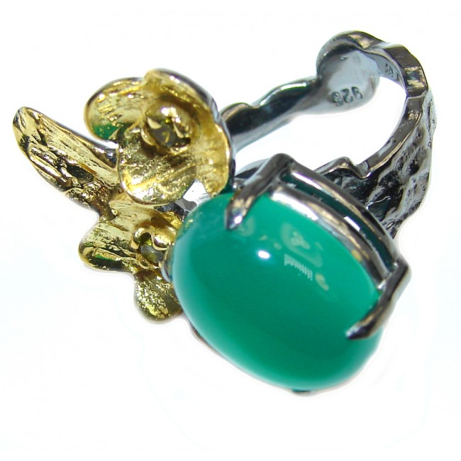 Perfect Green Agate, Gold Plated, Rhodium Plated Sterling Silver Ring s. 6