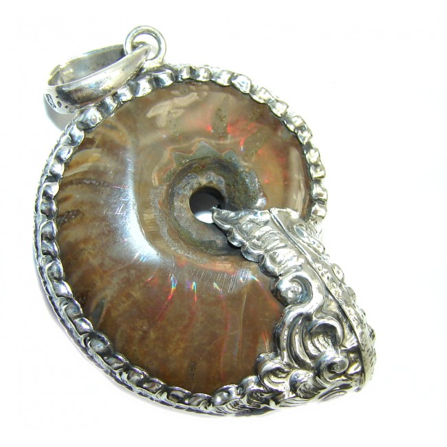 Natural Fire fossilized Ammolite Sterling Silver Pendant
