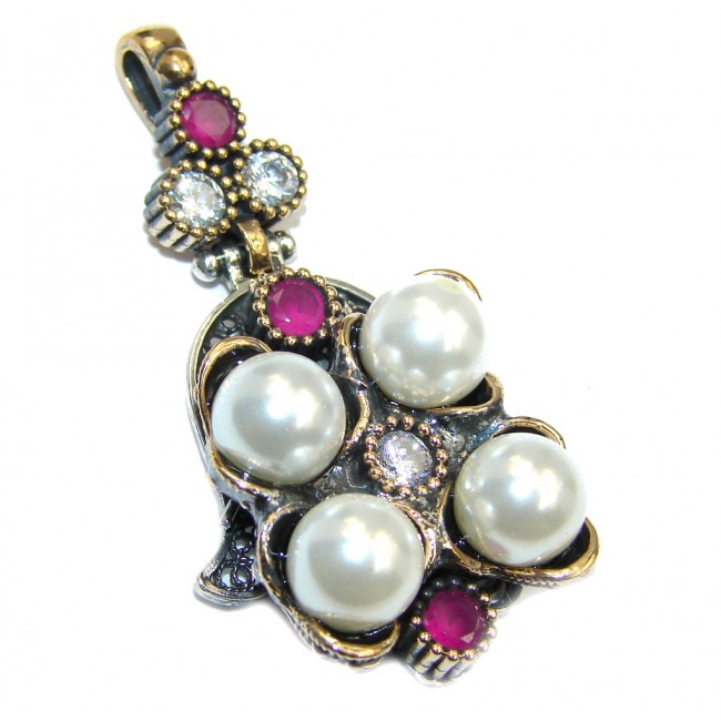 Perfect created Ruby & White Pearl Sterling Silver Pendant