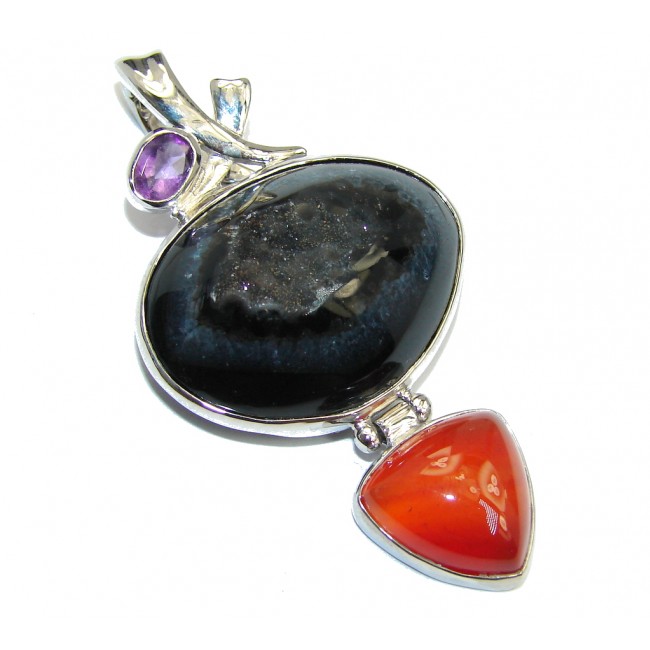 Perfect Style Black Agate Druzy Sterling Silver Pendant
