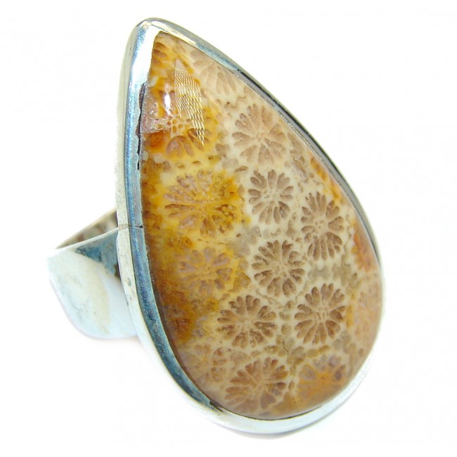 Amazing Brown Fossilized Coral Sterling Silver ring s. 7