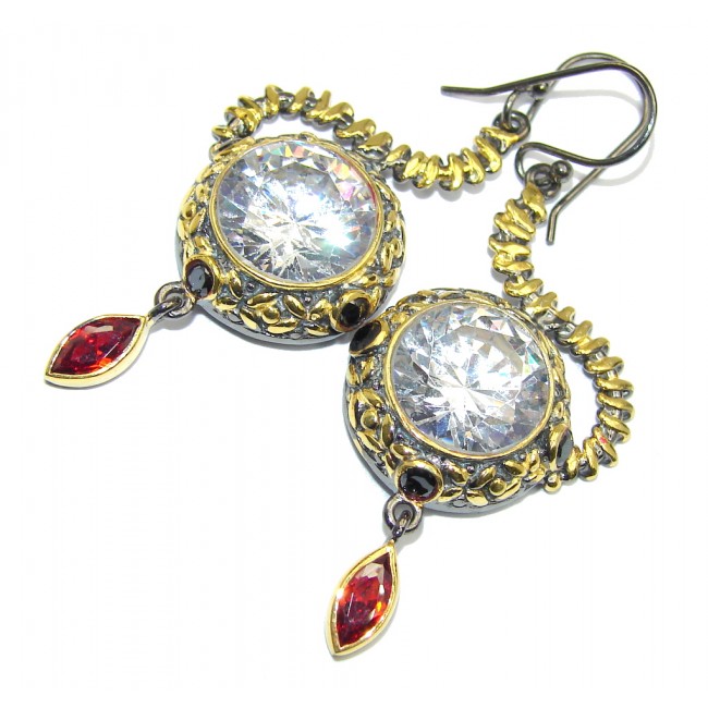 Amazing handcrafted Topaz Garnet Gold rhodium plated Sterling Silver earrings