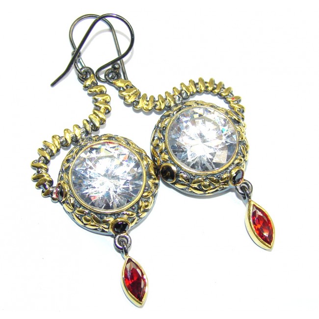 Amazing handcrafted Topaz Garnet Gold rhodium plated Sterling Silver earrings