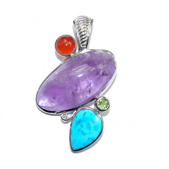 Big Natural AAA African Amethyst Sleeping Beauty Turquoise Sterling Silver Pendant