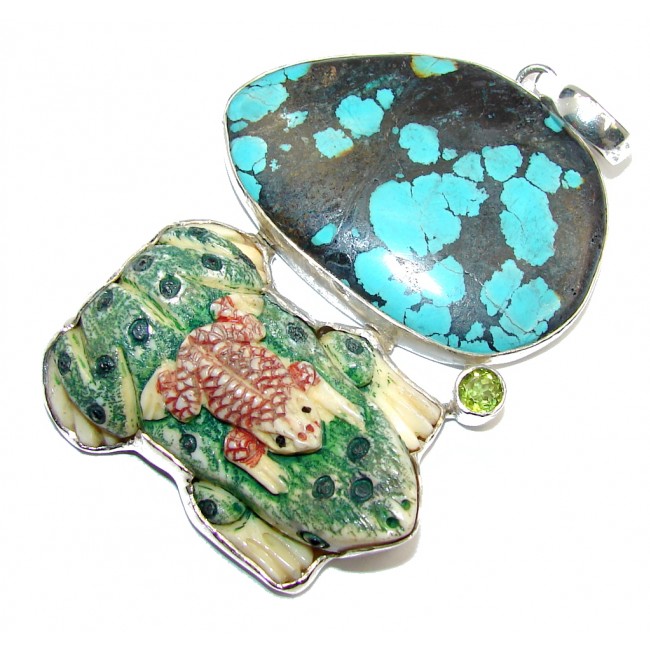 Big! Fashion Frog Carved Ox Bone Turquoise handcrafted Sterling Silver Pendant
