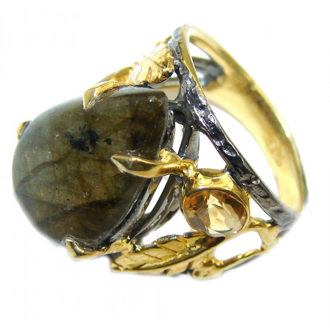 Natural AAA Fire Labradorite Gold Rhodium Plated Sterling Silver ring s. 6
