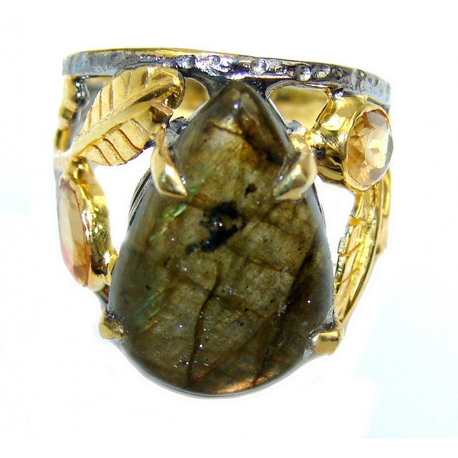 Natural AAA Fire Labradorite Gold Rhodium Plated Sterling Silver ring s. 6