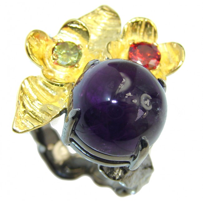 Perfect Amethyst Flower Gold Rhodium over Sterling Silver Ring s. 8 1/4