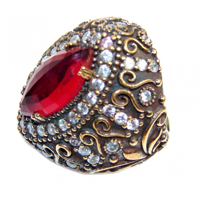 Huge Victorian Style created Ruby & White Topaz Sterling Silver ring; s. 9
