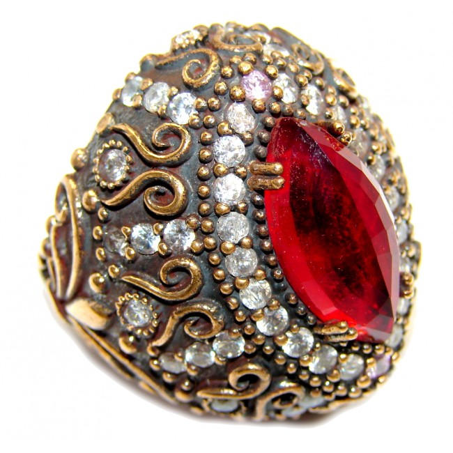 Huge Victorian Style created Ruby & White Topaz Sterling Silver ring; s. 9