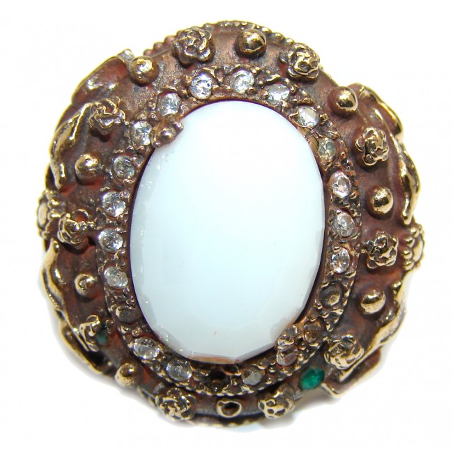 Huge Victorian Style created white Agate & White Topaz Sterling Silver ring; s. 7