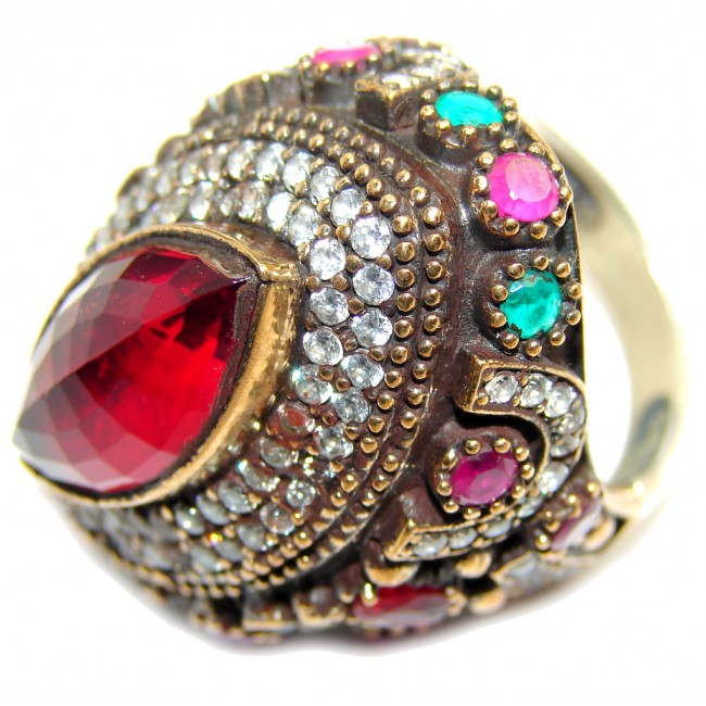 Huge Victorian Style created Ruby & White Topaz Sterling Silver ring; s. 9 1/4
