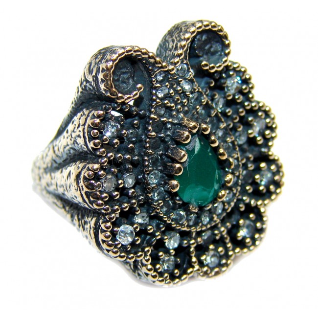 Victorian Style created Emerald & White Topaz Sterling Silver ring; s. 6